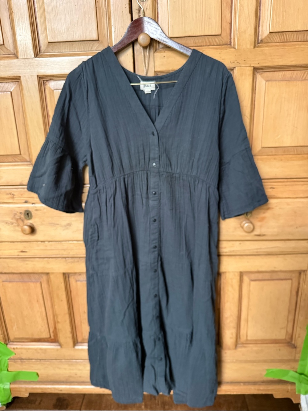 Luxe Women’s pact linen babydoll v neck Black Button-Front Women's Dress size l